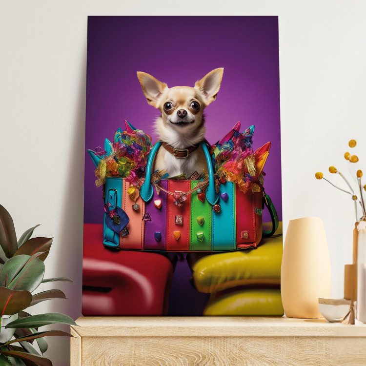 Canvas Art Print AI Chihuahua Dog - Tiny Animal in a Colorful Bag - Vertical 150189 additionalImage 11