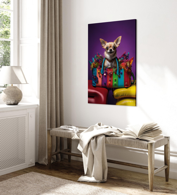 Canvas Art Print AI Chihuahua Dog - Tiny Animal in a Colorful Bag - Vertical 150189 additionalImage 4