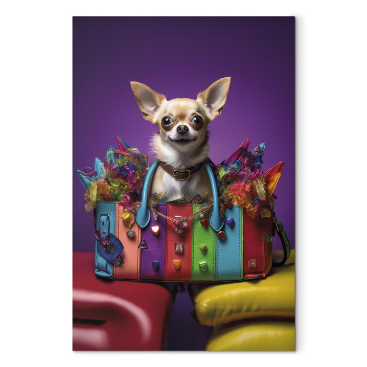 Canvas Art Print AI Chihuahua Dog - Tiny Animal in a Colorful Bag - Vertical 150189