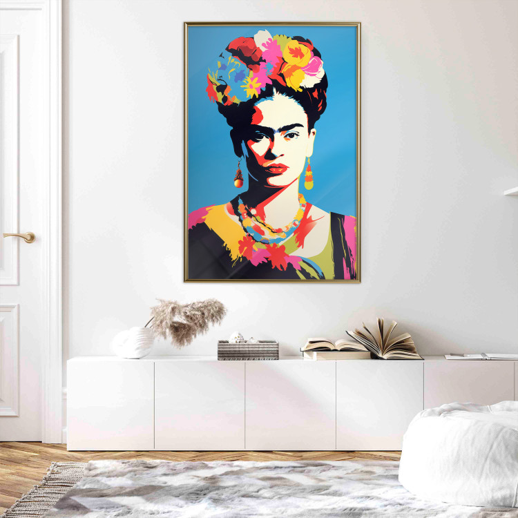 Poster Blue Portrait - Frida Kahlo With Flowers in Her Hair in Pop-Art Style 152189 additionalImage 2