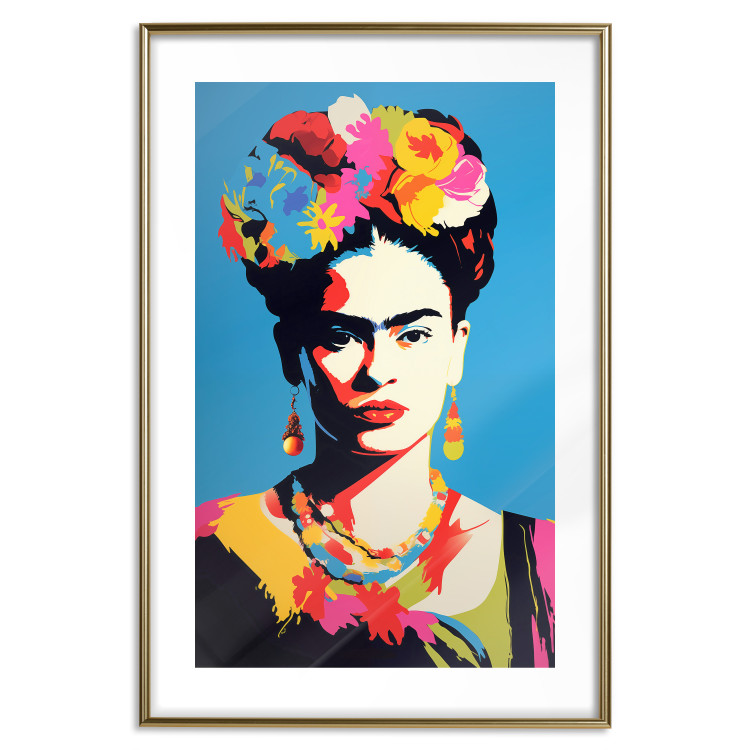 Poster Blue Portrait - Frida Kahlo With Flowers in Her Hair in Pop-Art Style 152189 additionalImage 18