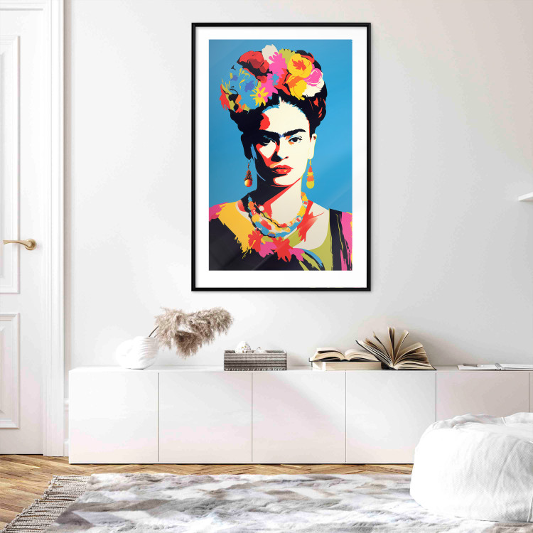 Poster Blue Portrait - Frida Kahlo With Flowers in Her Hair in Pop-Art Style 152189 additionalImage 14
