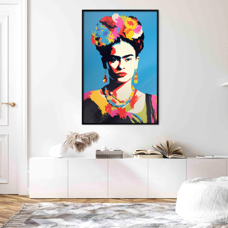 Poster Blue Portrait - Frida Kahlo With Flowers in Her Hair in Pop-Art Style 152189 additionalImage 16