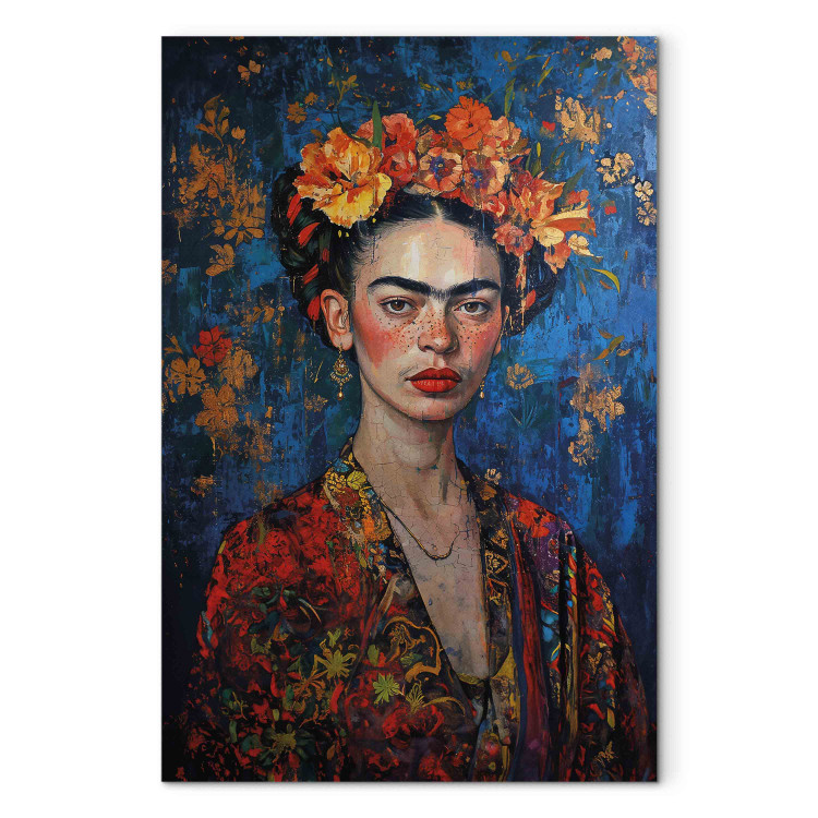Canvas Print Portrait of Frida - Klimt-Style Composition on a Dark Blue Background 152289