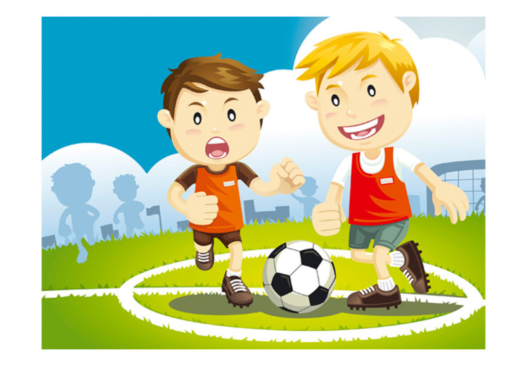 Wall Mural Football Players - Boys playing soccer on a green field for children 61189 additionalImage 1