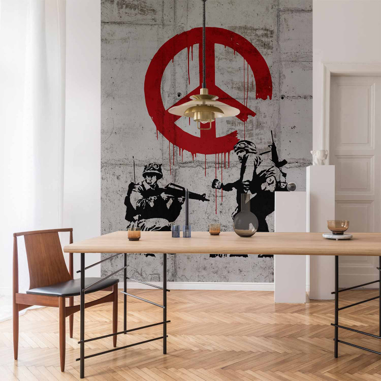 Photo Wallpaper CND Soldiers - gray graffiti mural by Banksy featuring soldiers and a peace sign 62289 additionalImage 4
