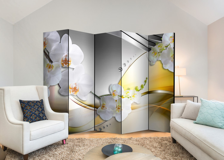 Room Divider Yellow Journey II - white orchid flowers on a background of silver abstraction 95389 additionalImage 2