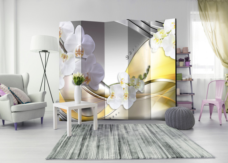 Room Divider Yellow Journey II - white orchid flowers on a background of silver abstraction 95389 additionalImage 4