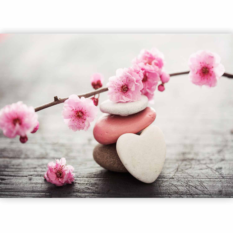 Photo Wallpaper Orient - composition of cherry blossoms with a white heart-shaped stone 96089 additionalImage 1