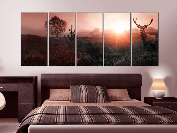 Canvas Print Sun on the Horizon (5-piece) - Deer and Fields in Red Hue 106099 additionalImage 3