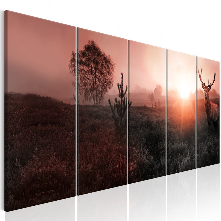 Canvas Print Sun on the Horizon (5-piece) - Deer and Fields in Red Hue 106099 additionalImage 2