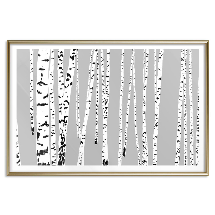Poster Birches - composition with black and white trees on a grey background 115099 additionalImage 20