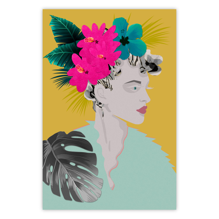 Wall Poster Flowers in Hair - colorful abstraction with a woman's portrait and leaves 116899