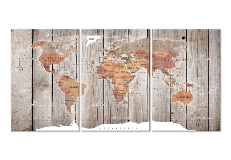 Canvas Art Print World Map: Wooden Stories (3 Parts) 122199