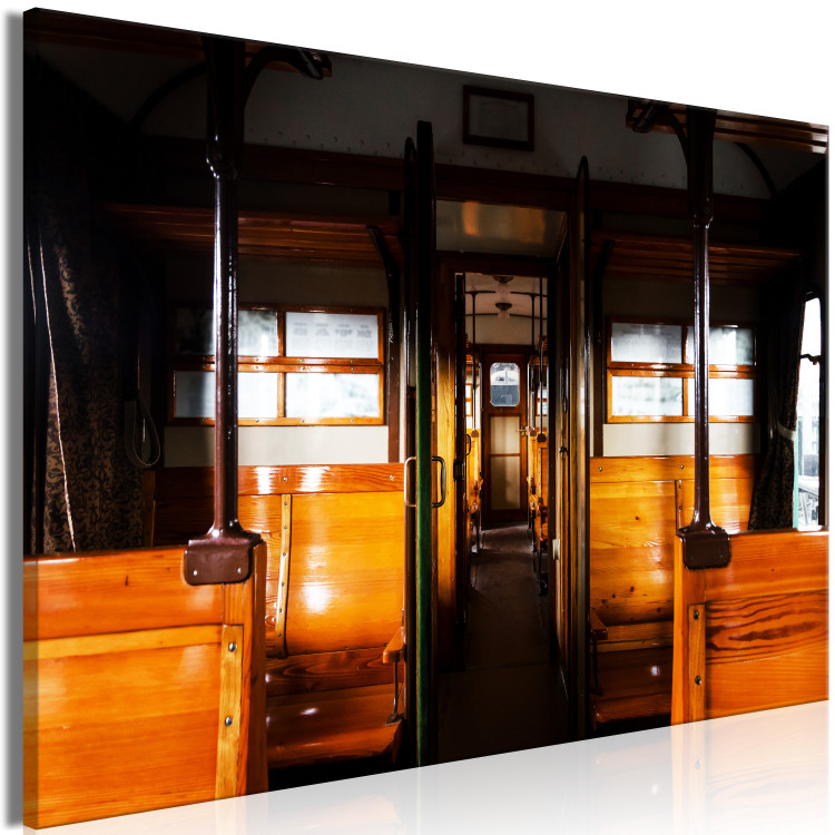 Canvas Print Passenger train - a photo from inside of a wagon with wooden benches 123799 additionalImage 2