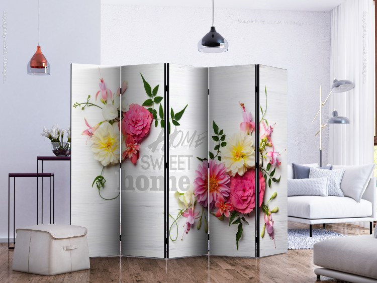 Room Divider Screen Spring Home II (5-piece) - colorful flowers and a sign between them 128999 additionalImage 2