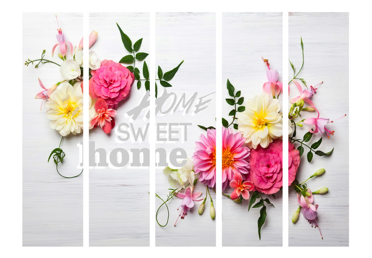 Room Divider Screen Spring Home II (5-piece) - colorful flowers and a sign between them 128999 additionalImage 3