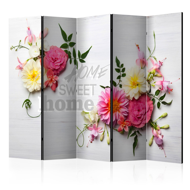 Room Divider Screen Spring Home II (5-piece) - colorful flowers and a sign between them 128999