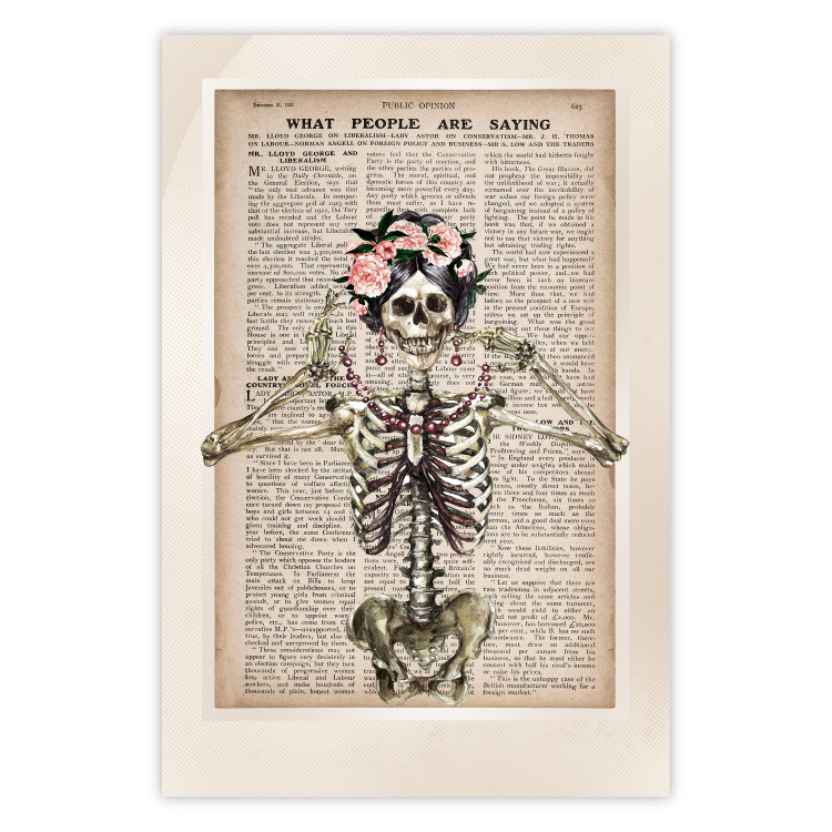 Poster Lady Skeleton - unusual vintage-style fantasy with a newspaper background 129099