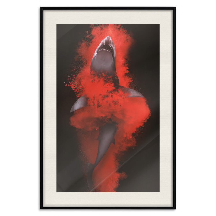 Poster King of the Oceans - abstract shark amidst redness on a black background 129799 additionalImage 19