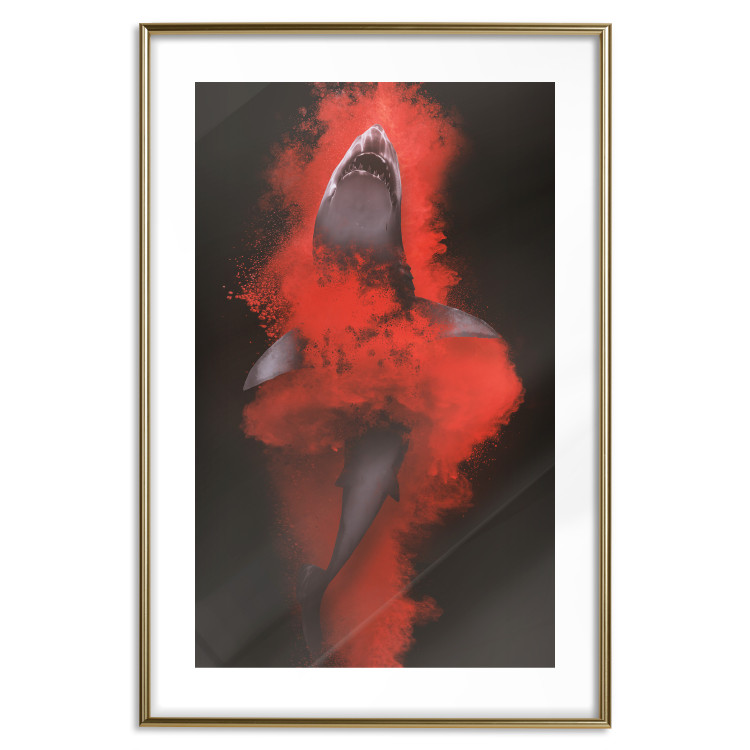 Poster King of the Oceans - abstract shark amidst redness on a black background 129799 additionalImage 14