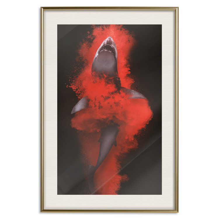 Poster King of the Oceans - abstract shark amidst redness on a black background 129799 additionalImage 20