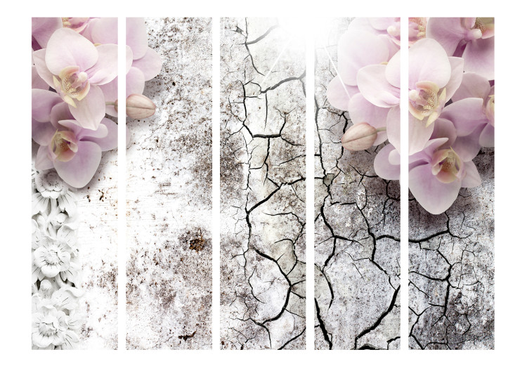 Folding Screen Rosy Orchids II (5-piece) - collage in pink flowers on concrete 132799 additionalImage 3