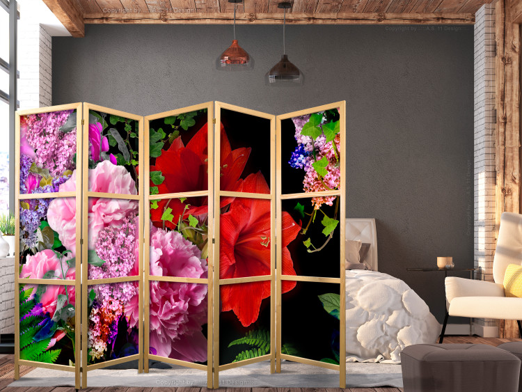 Room Divider June Evening II (5-piece) - colorful flowers on a black background 134299 additionalImage 8