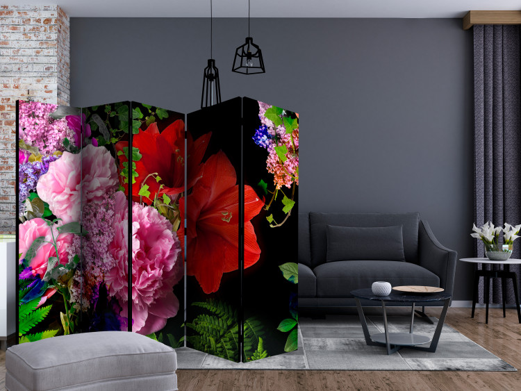 Room Divider June Evening II (5-piece) - colorful flowers on a black background 134299 additionalImage 4