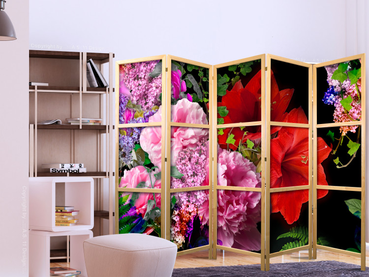 Room Divider June Evening II (5-piece) - colorful flowers on a black background 134299 additionalImage 6