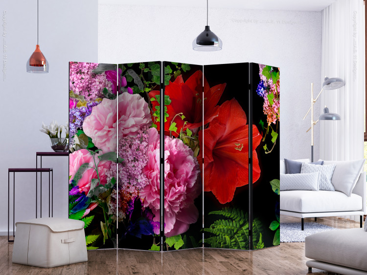 Room Divider June Evening II (5-piece) - colorful flowers on a black background 134299 additionalImage 2
