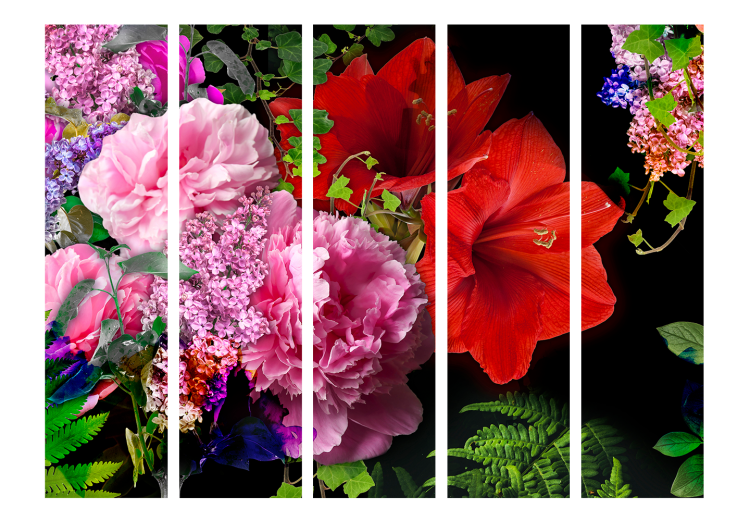Room Divider June Evening II (5-piece) - colorful flowers on a black background 134299 additionalImage 3