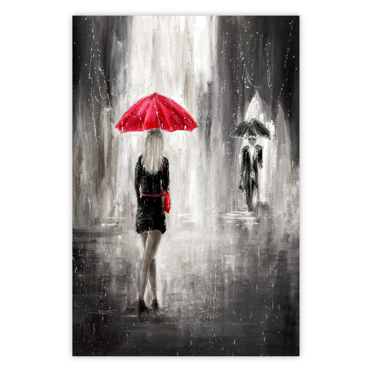 Wall Poster Rainy Encounter - black and white romantic landscape of a couple in the rain 135099