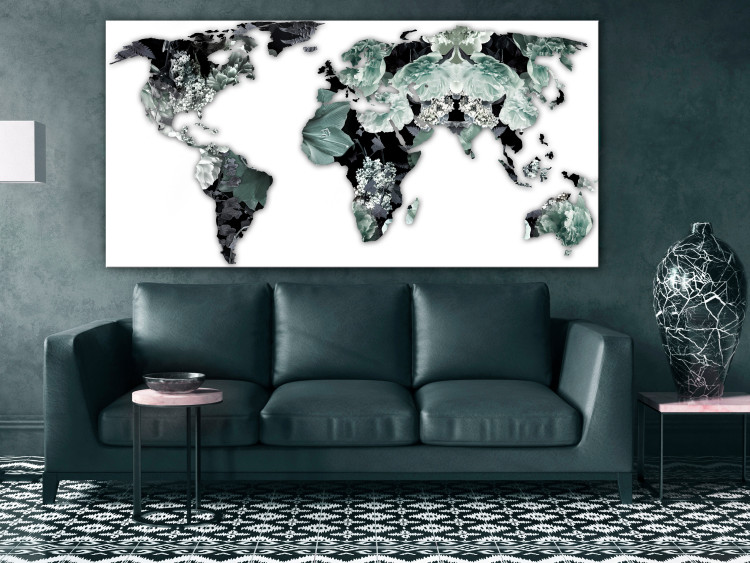 Canvas Art Print Emerald Map (1-piece) Wide - world map in green flowers 143099 additionalImage 3