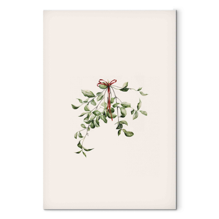 Canvas Christmas Mistletoe - Watercolor Illustration of a Branch With a Red Ribbon 151699