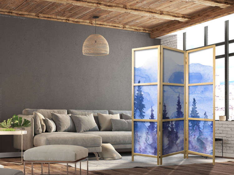 Room Divider Watercolor Landscape - Cobalt Forest of Christmas Trees on the Background of Mountain Peaks [Room Dividers] 159799 additionalImage 6