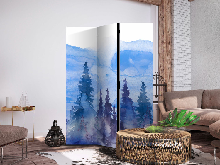 Room Divider Watercolor Landscape - Cobalt Forest of Christmas Trees on the Background of Mountain Peaks [Room Dividers] 159799 additionalImage 2